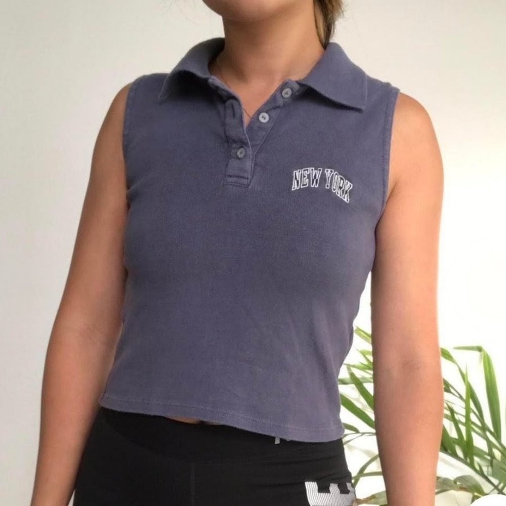 Brandy Melville Blue 'New York' Sleeveless Polo Cropped Top, EUC, Small